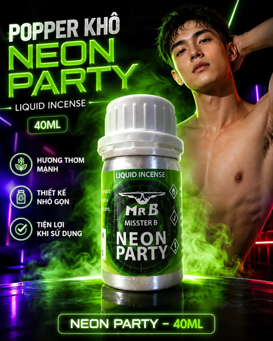 Popper Khô Misster B Neon Party Xanh Lá 40ml - Bùng Nổ Năng Lượng