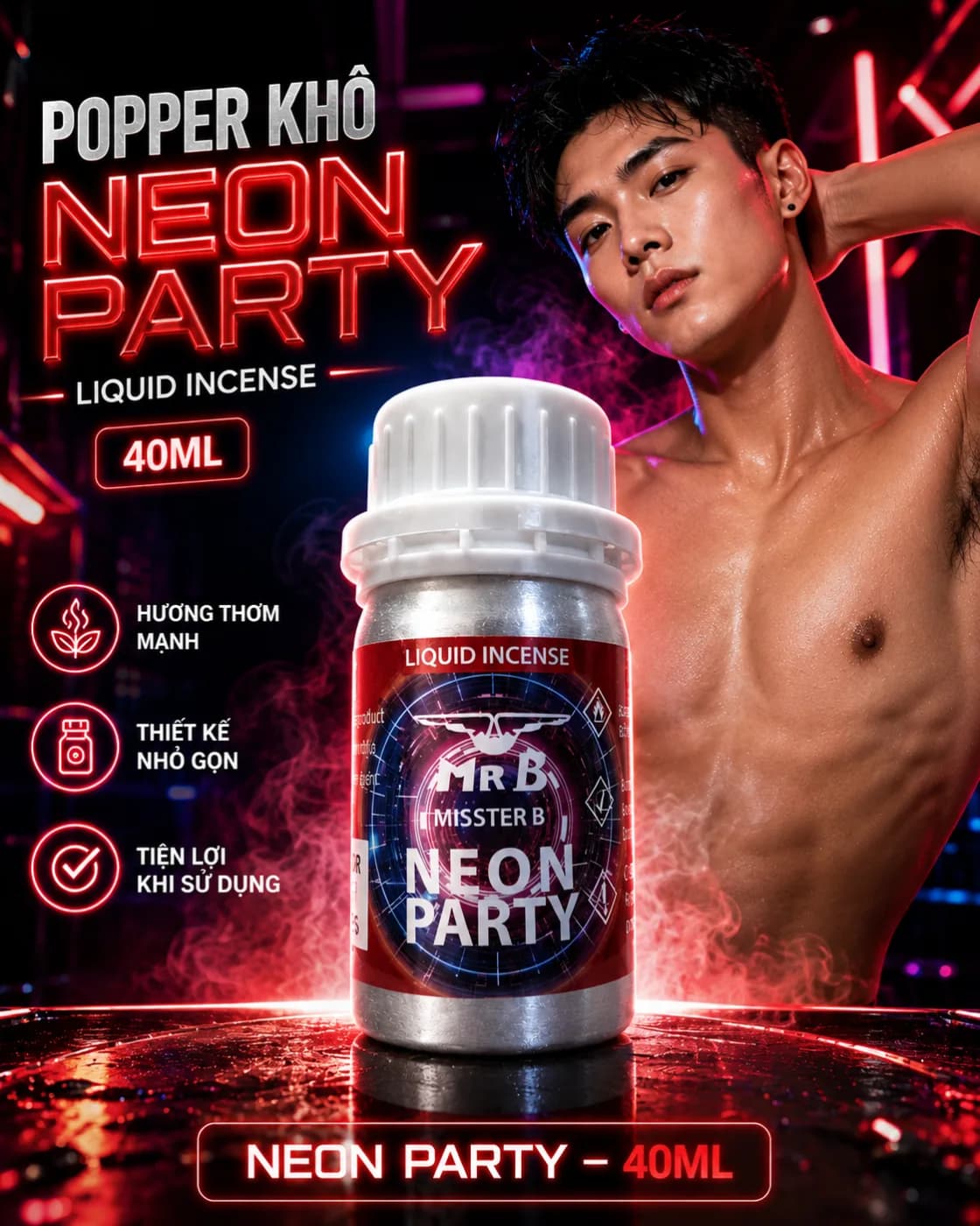 Popper Khô Misster B Neon Party Đỏ 40ml - Nồng Nàn Đam Mê & Cực Mạnh